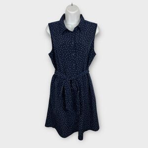 Popsugar Blue and White Collared Polka Dot Button Front Sleeveless Dress Medium